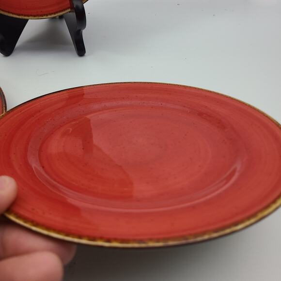 Thomson Pottery SEDONA 8” Salad/dessert Plates Red Swirl Brown Rim Set of 3 - Picture 2 of 5